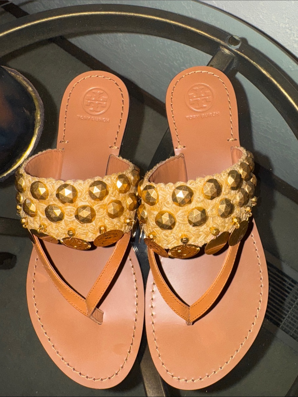 Tory Burch Tan Leather Thong Sandals with Gold Stud Details